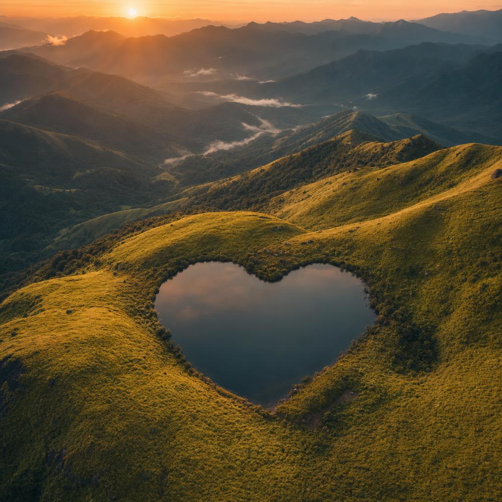 Aerial view of Chembra Peak's heart-shaped lake surrounded by Wayanad's green hills