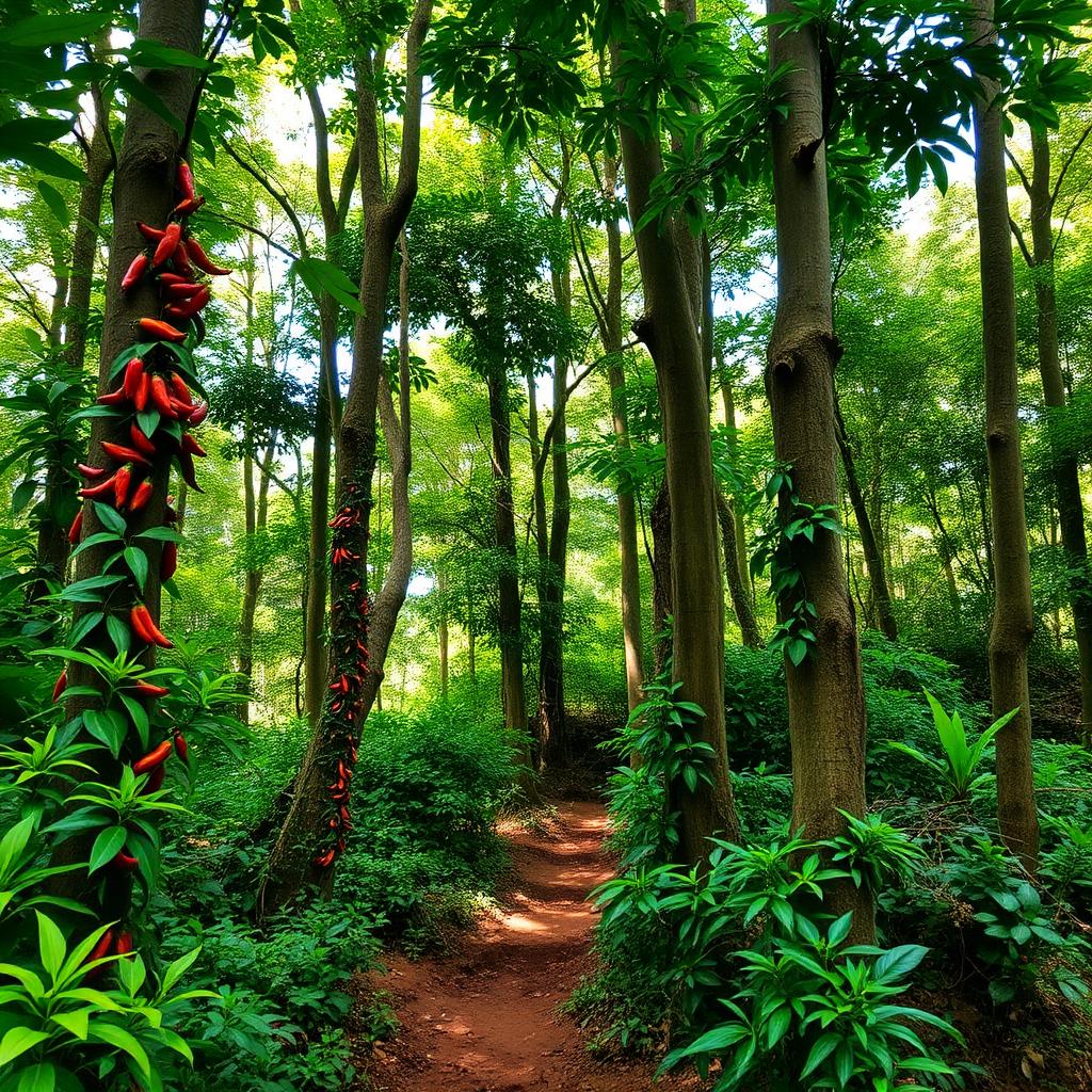 Lush Wayanad spice plantation with pepper vines and cardamom plants