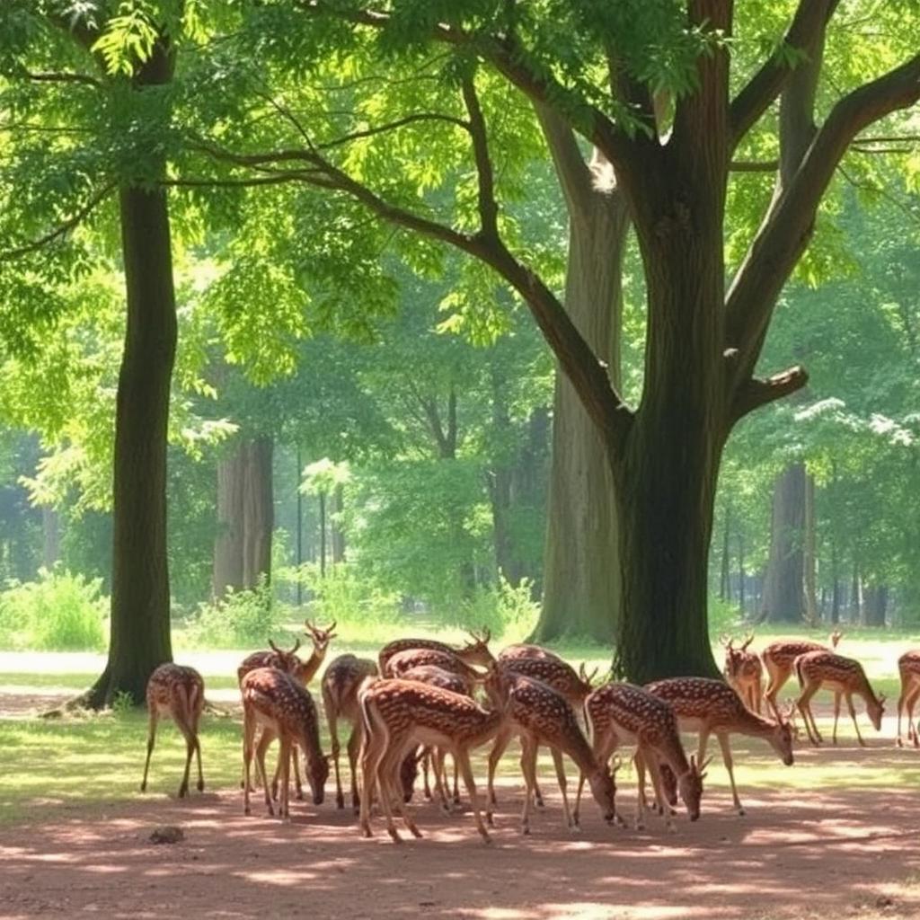 Herd of spotted deer grazing in dappled sunlight at Bannerghatta National Park