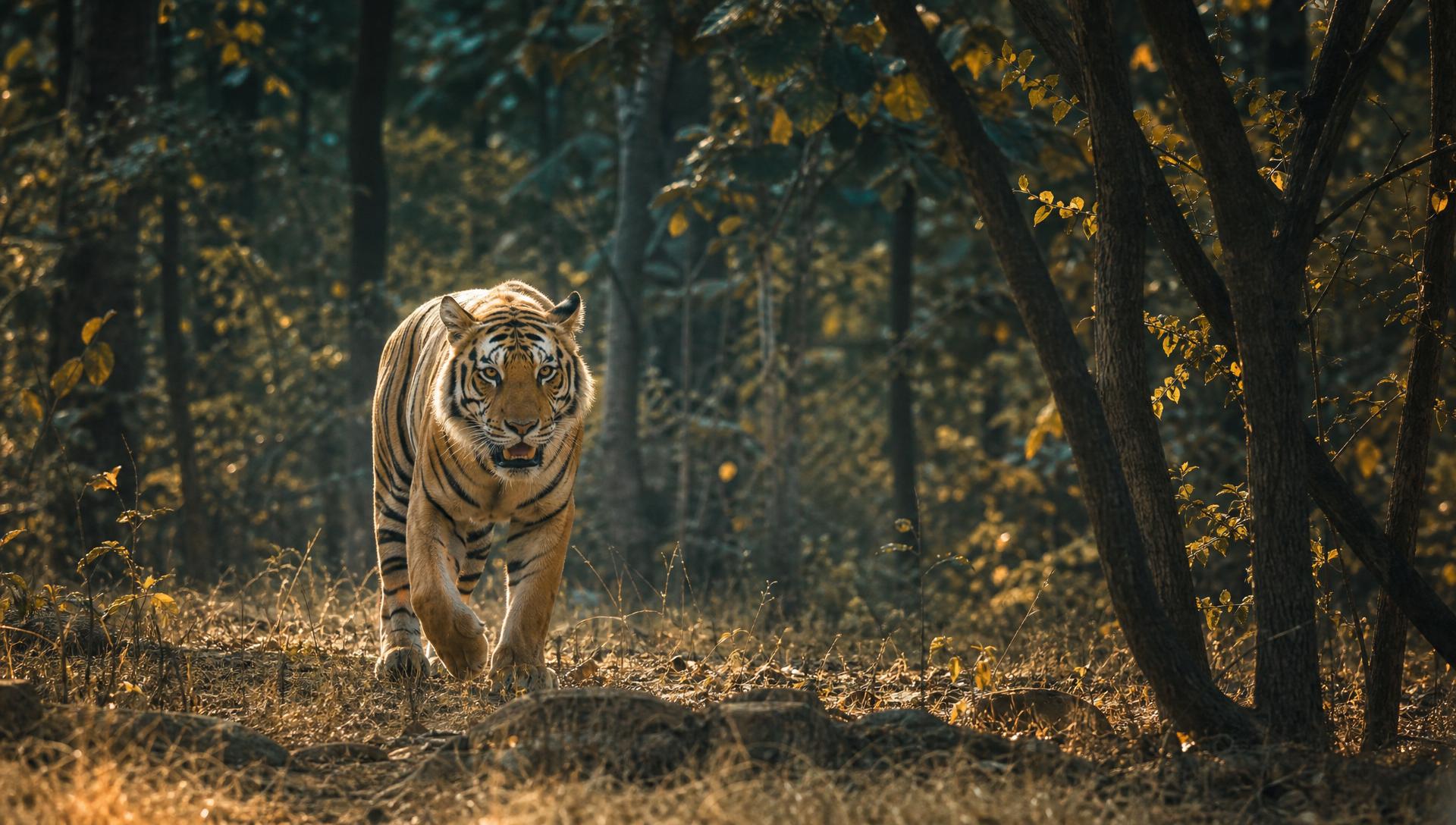 Bengal tiger walking through dry deciduous forest in Bannerghatta National Park at golden hour