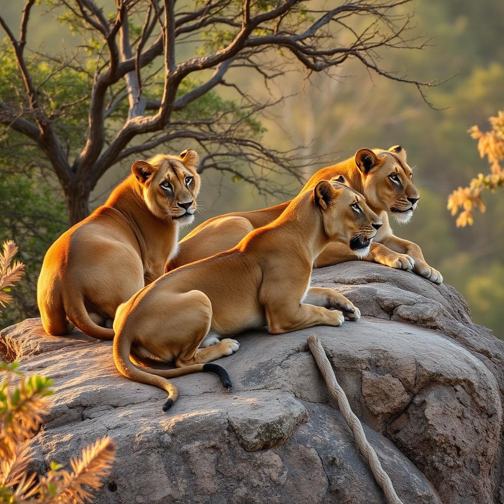 Pride of Asiatic lions resting on a rocky outcrop at Bannerghatta safari zone