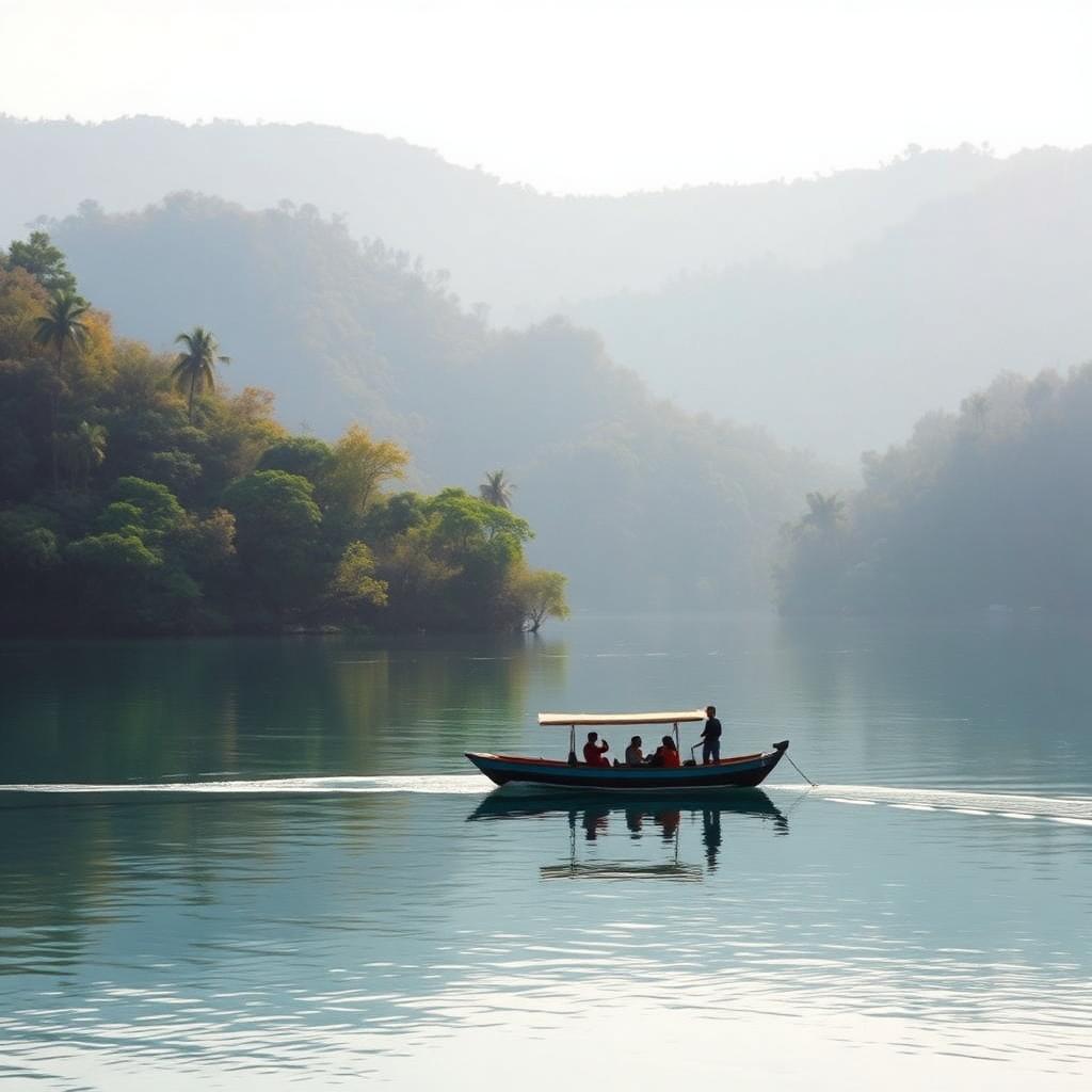 Wildlife boat safari drifting across the calm Bhadra reservoir at dawn