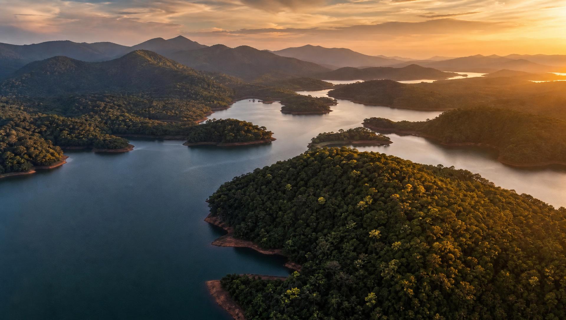 Bhadra reservoir surrounded by dense Western Ghats forest reflecting golden dawn light