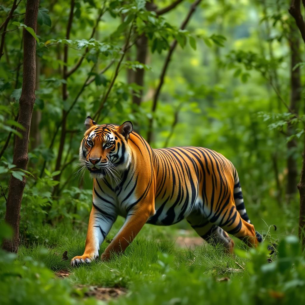 Bengal tiger walking down a sunlit forest track in Bhadra Tiger Reserve