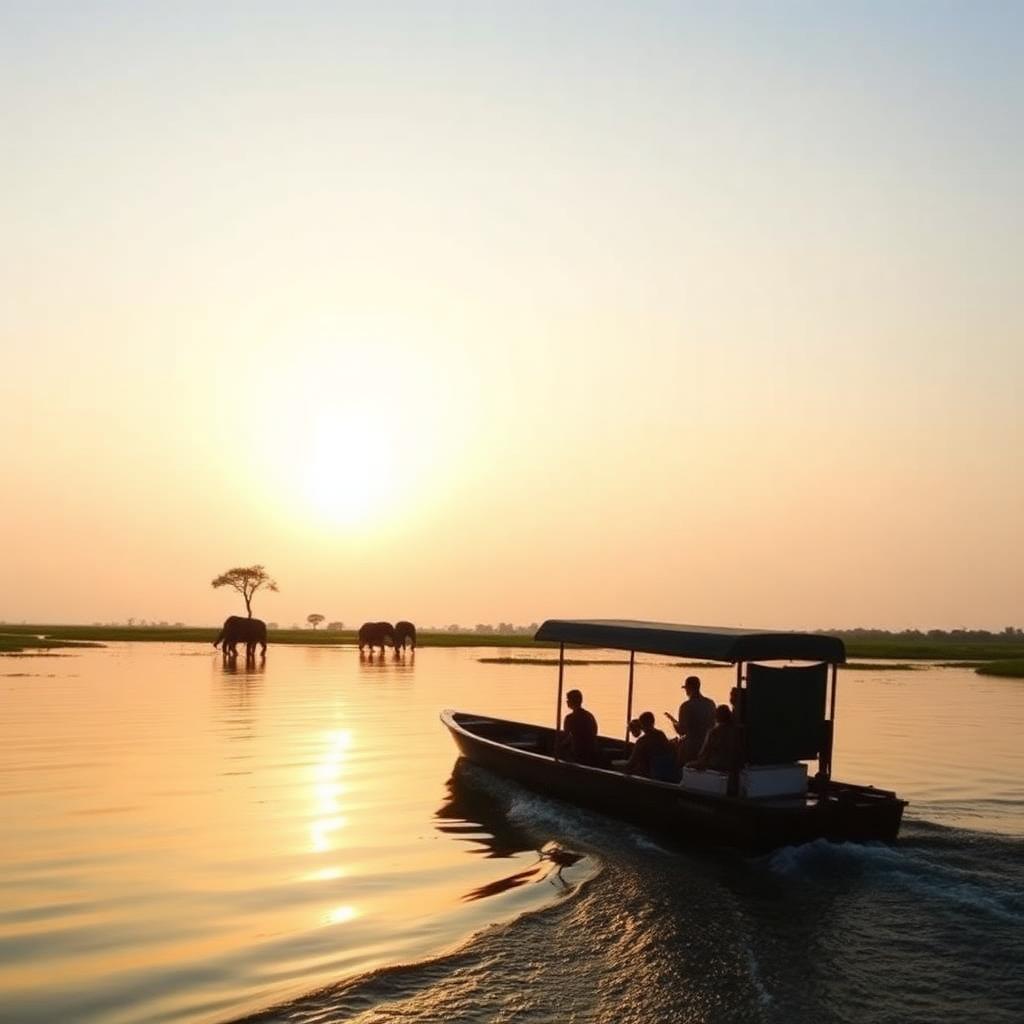Wildlife boat safari drifting on Kabini backwaters at sunset