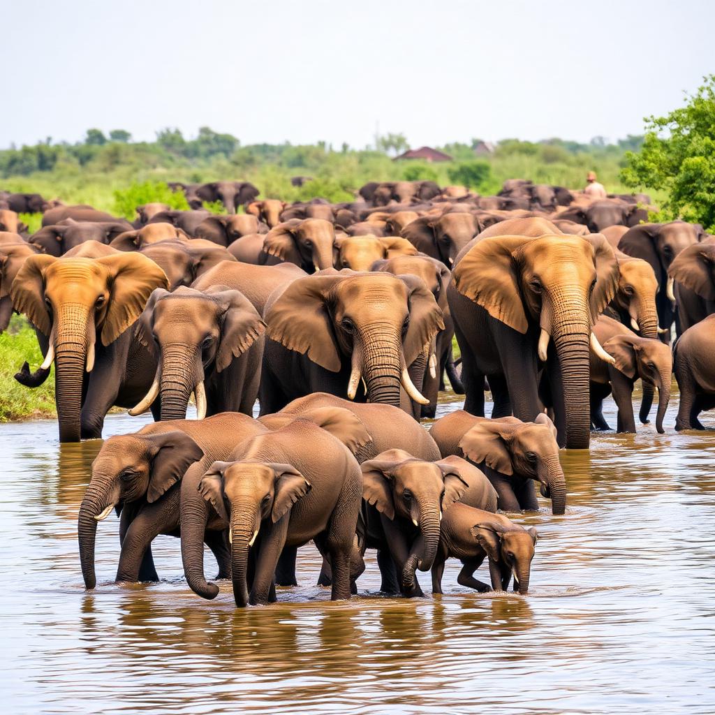 Large herd of wild Indian elephants wading in the Kabini river shallows