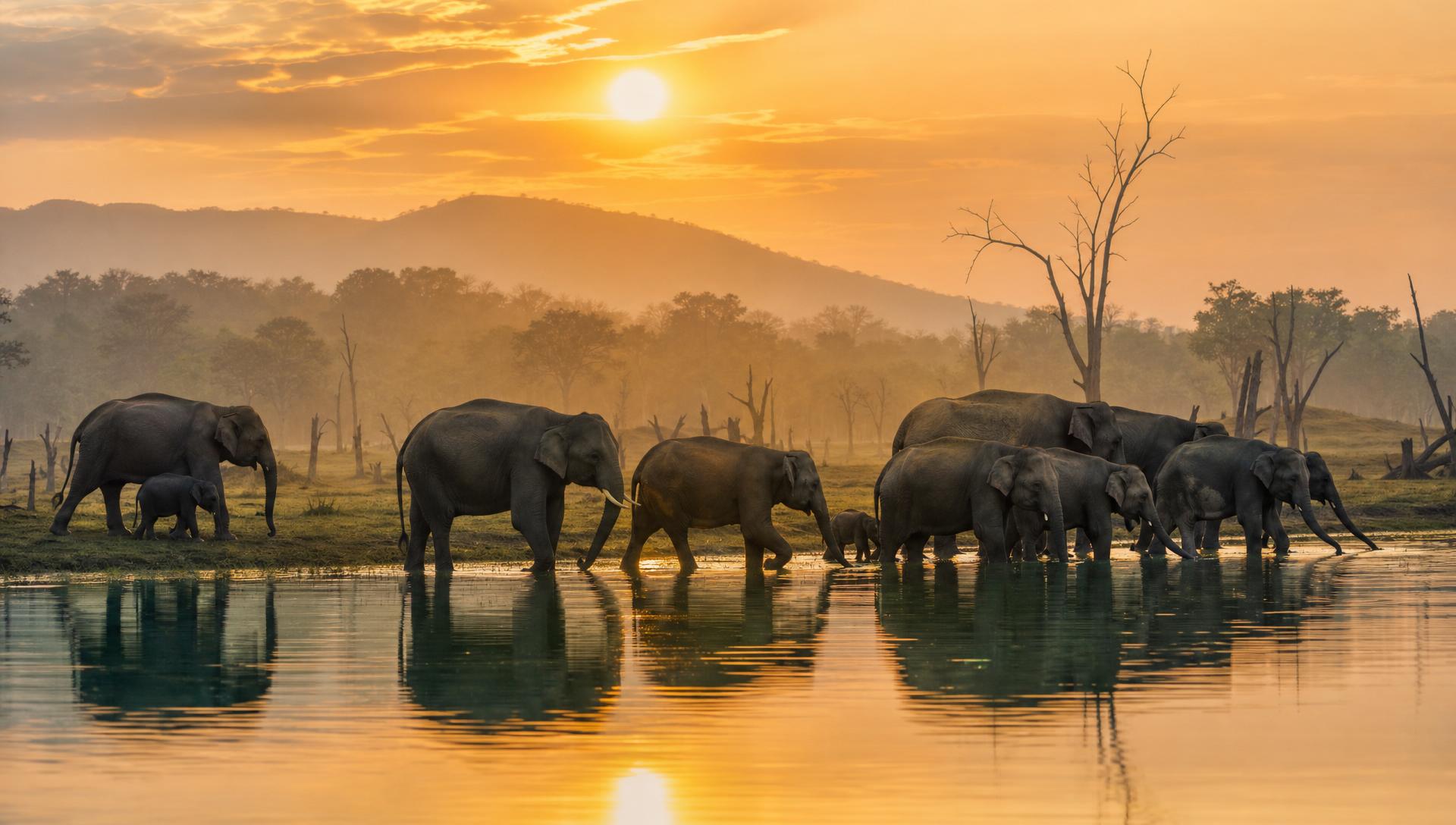 Herd of Asian elephants with calves wading at the Kabini backwaters reflected in still water at golden sunset