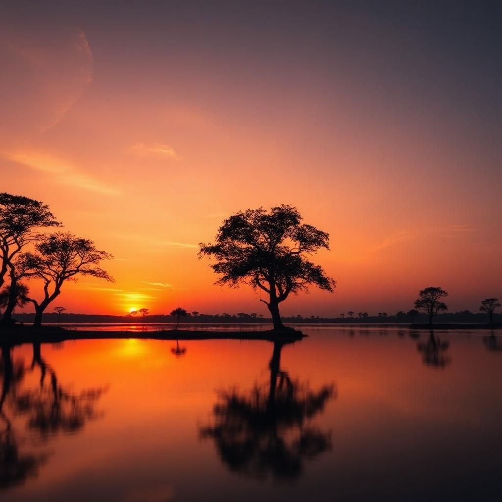 Vivid orange sunset reflecting on still Kabini reservoir waters