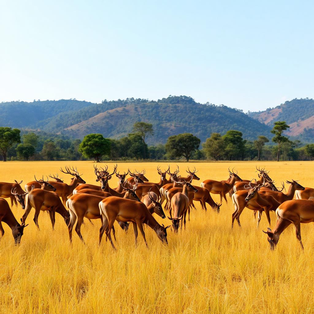 Chital deer herd grazing in a golden meadow near Masinagudi at dawn