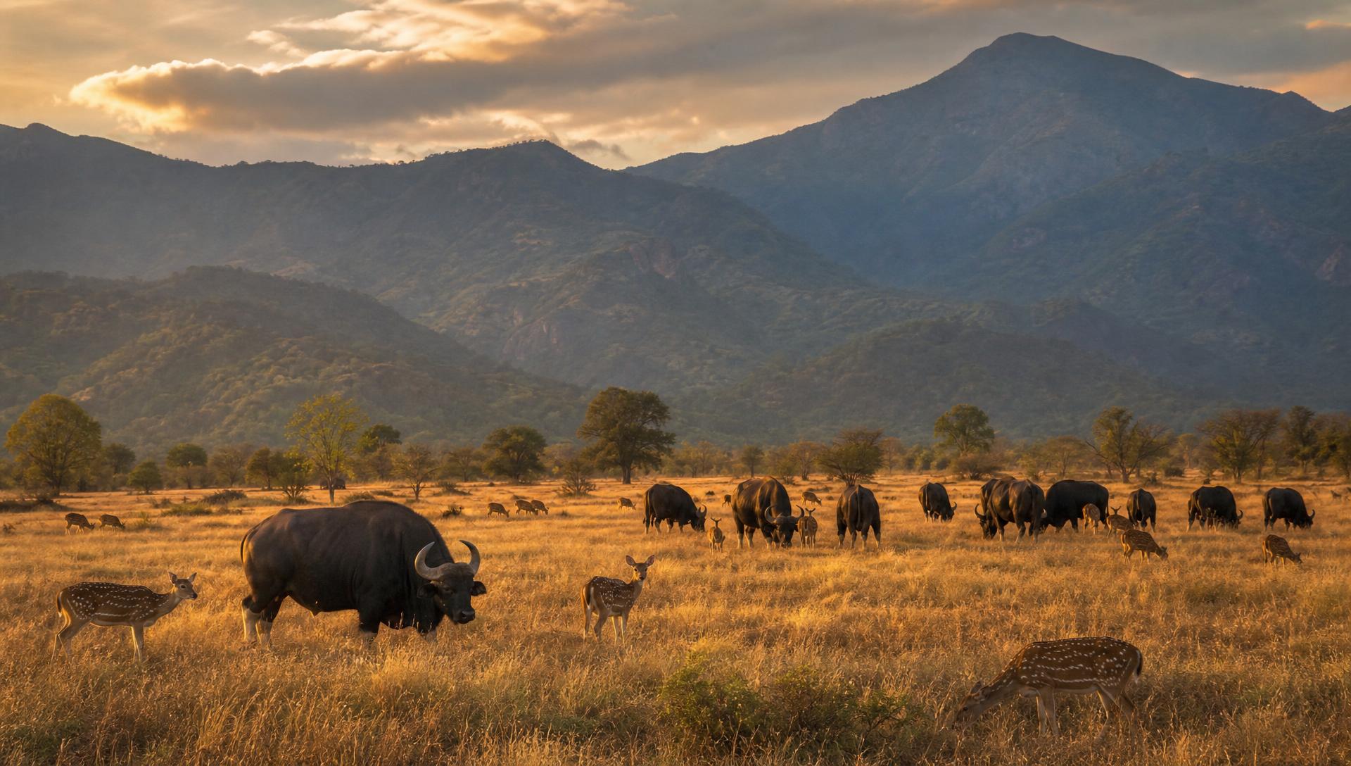 Indian gaur and spotted deer grazing the Masinagudi grasslands at the base of the Nilgiri hills at golden hour