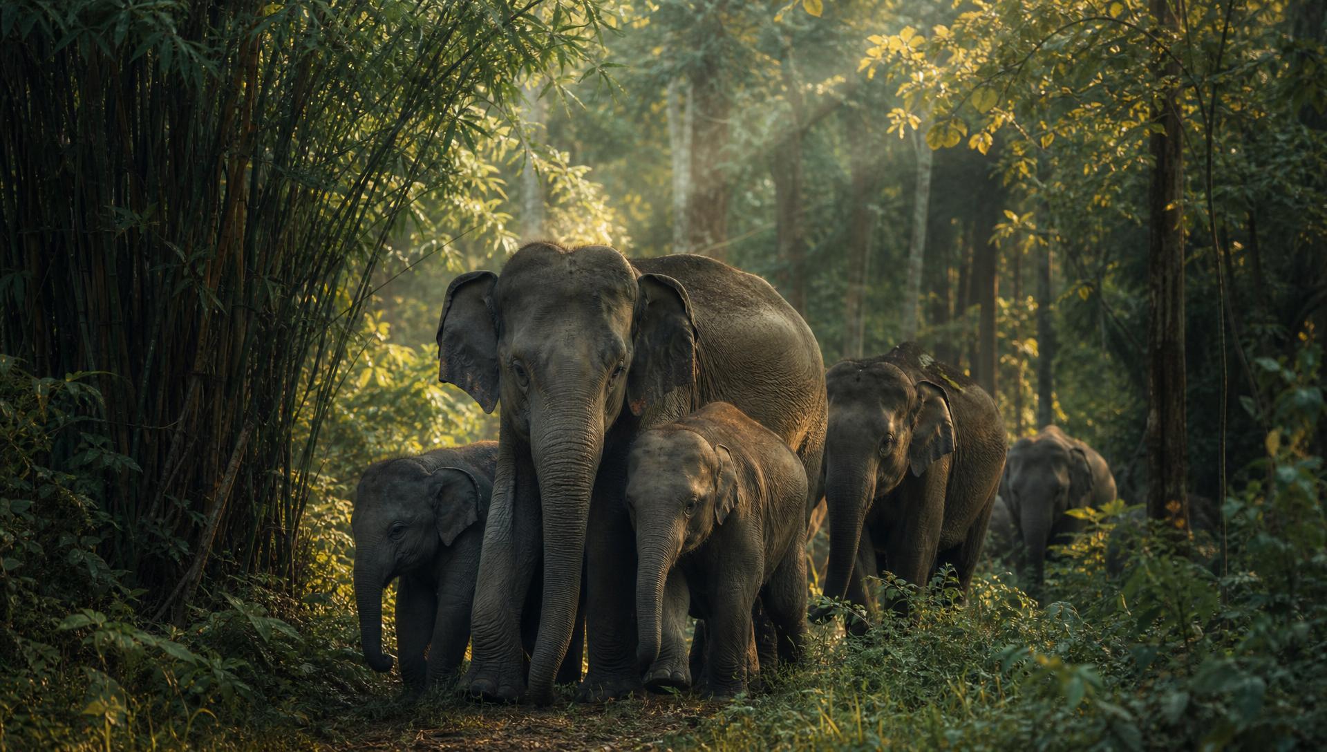 Herd of Asian elephants with calves moving through bamboo forest in Muthanga Wildlife Sanctuary, Wayanad