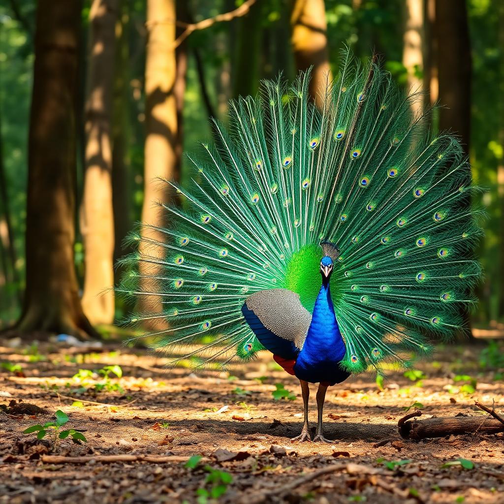 Indian peacock displaying full plumage in a sun-dappled Wayanad forest clearing
