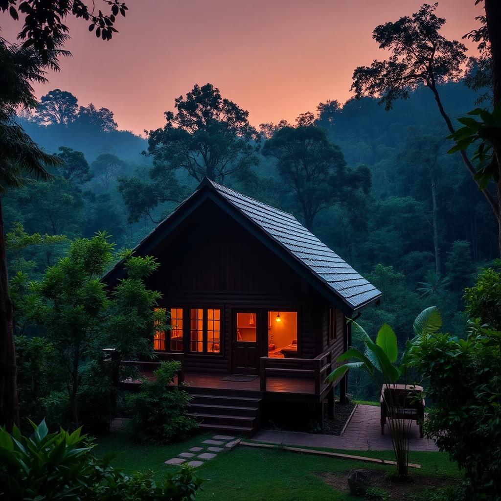Wayanad hillside resort with panoramic valley view at golden hour