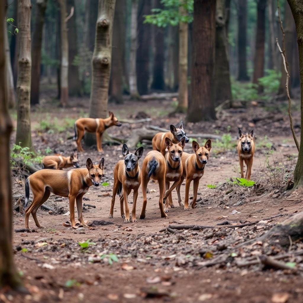 Pack of Indian wild dogs (dhole) on the prowl in Nagarahole undergrowth