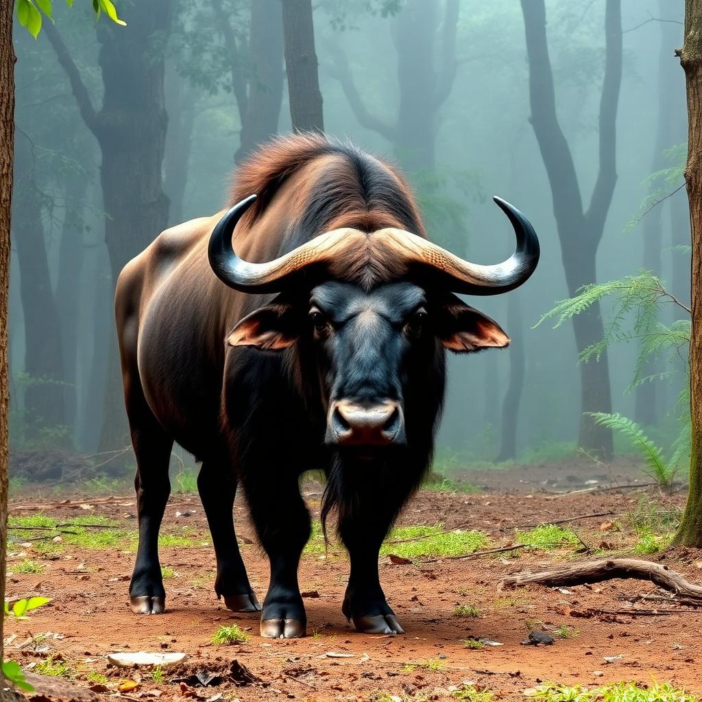 Massive Indian gaur bull grazing in a misty forest clearing at Nagarahole