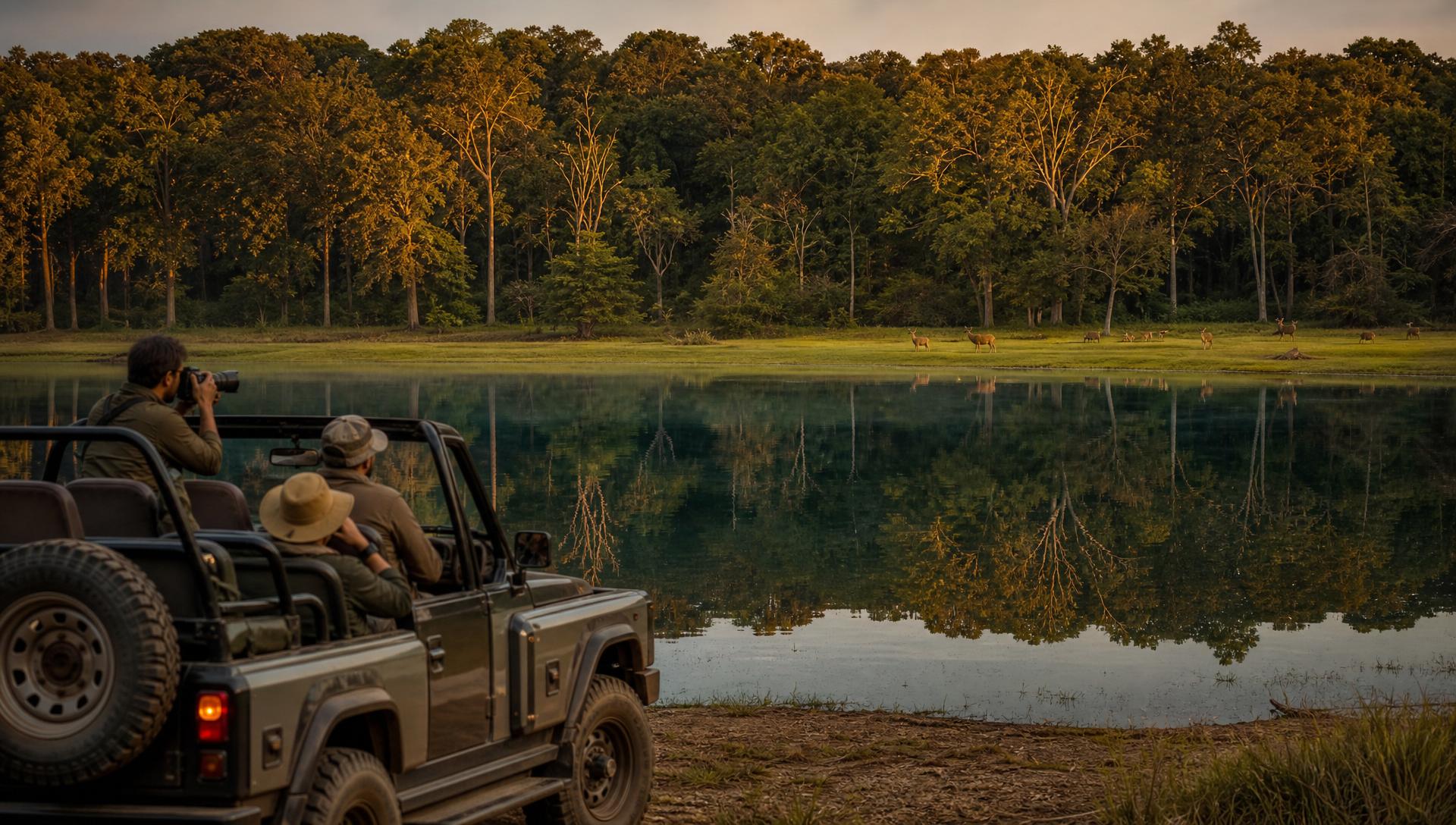 Open safari jeep at the edge of the Kabini river with deer grazing across the water in Nagarahole National Park