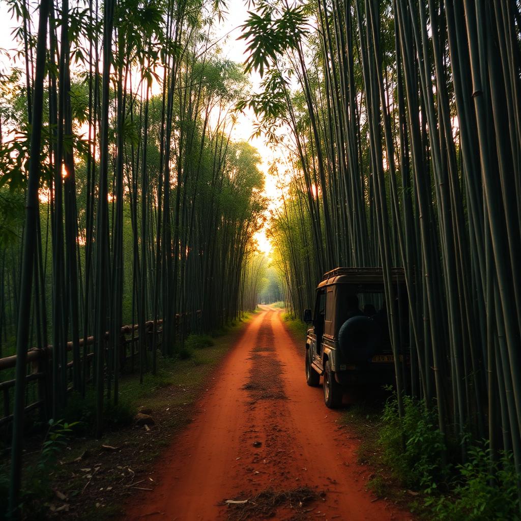 Open jeep safari on a red-earth forest track inside Nagarahole National Park