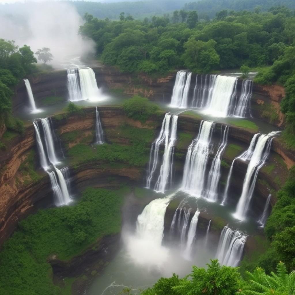 Jog Falls plunging in multiple tiers into a lush gorge