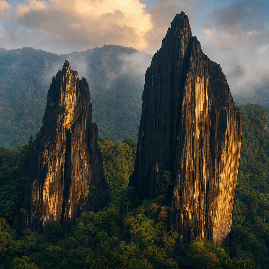Towering Yana monolithic rock formations rising from dense Western Ghats forest in Karnataka