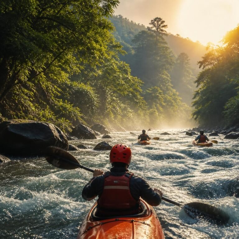 Lush Dandeli forest with the emerald Kali river winding through the Western Ghats at golden hour