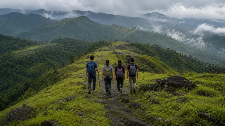 Trekkers walking a green ridge trail through misty Western Ghats hills