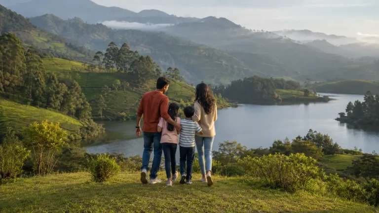 A family looking out over green hills, tea gardens and a calm lake in South India