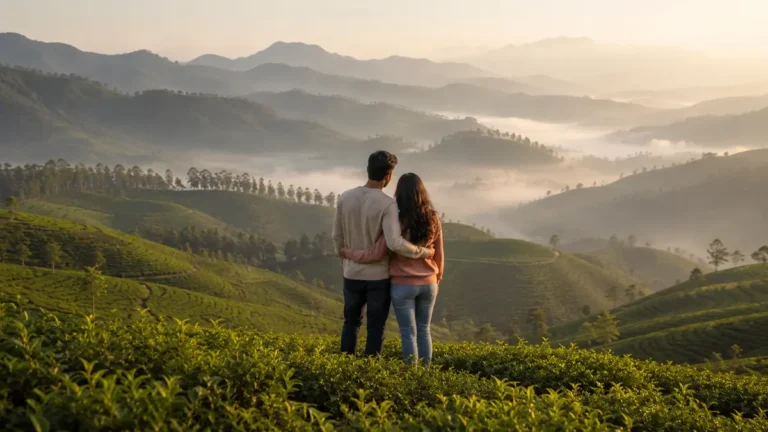 A couple watching sunrise over mist-covered tea-clad hills