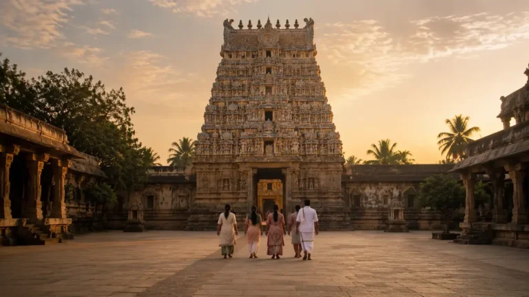 Travellers walking towards a carved South Indian temple gopuram at dusk