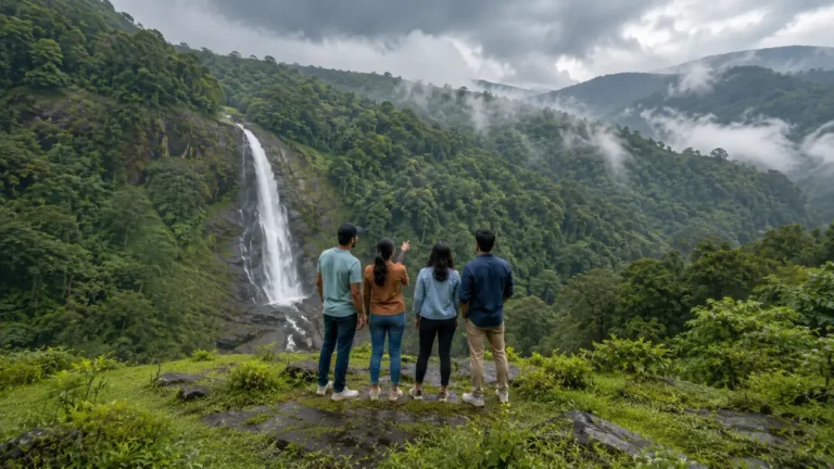 Friends looking out at a forest waterfall in the green hills on a weekend getaway