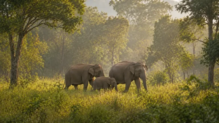 Wild elephants with a calf grazing in a sunlit South Indian forest clearing