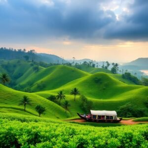 Kerala tea gardens of Munnar, Periyar wildlife lake in Thekkady and Alleppey houseboat backwaters at golden hour