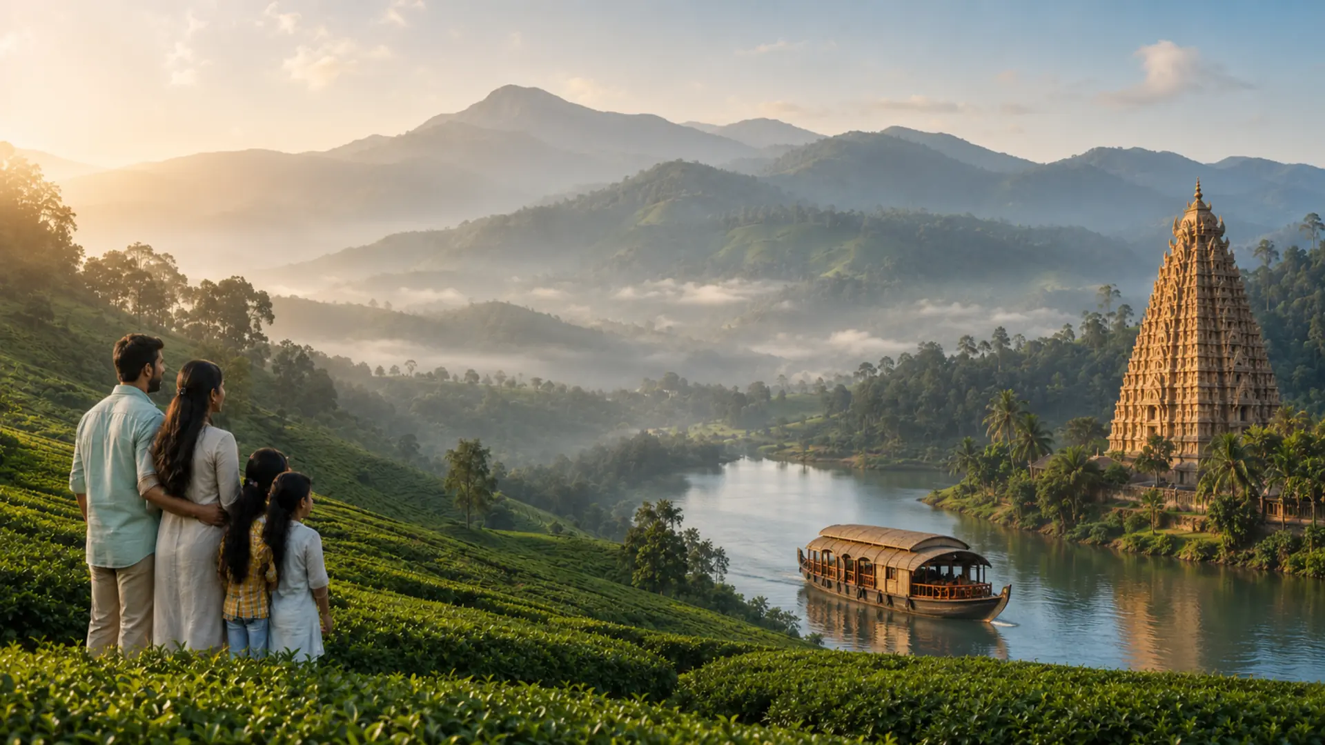 Family overlooking South Indian hills, tea gardens, a lake, houseboat and temple